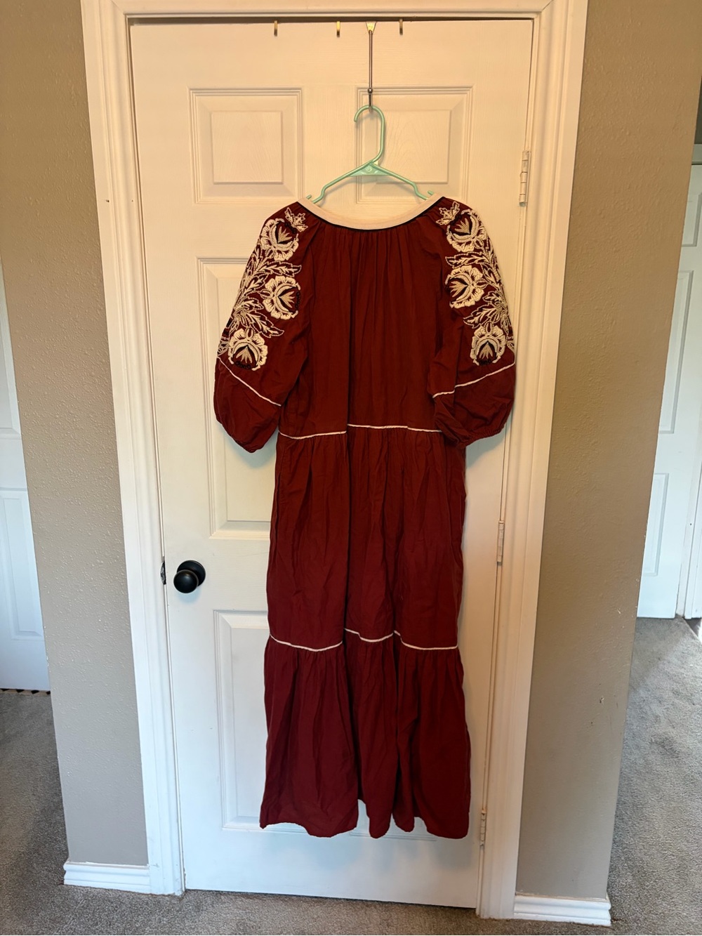 Anthropologie Embroidered Burgundy Maxi Dress with Ivory Accents - Picture 3 of 4